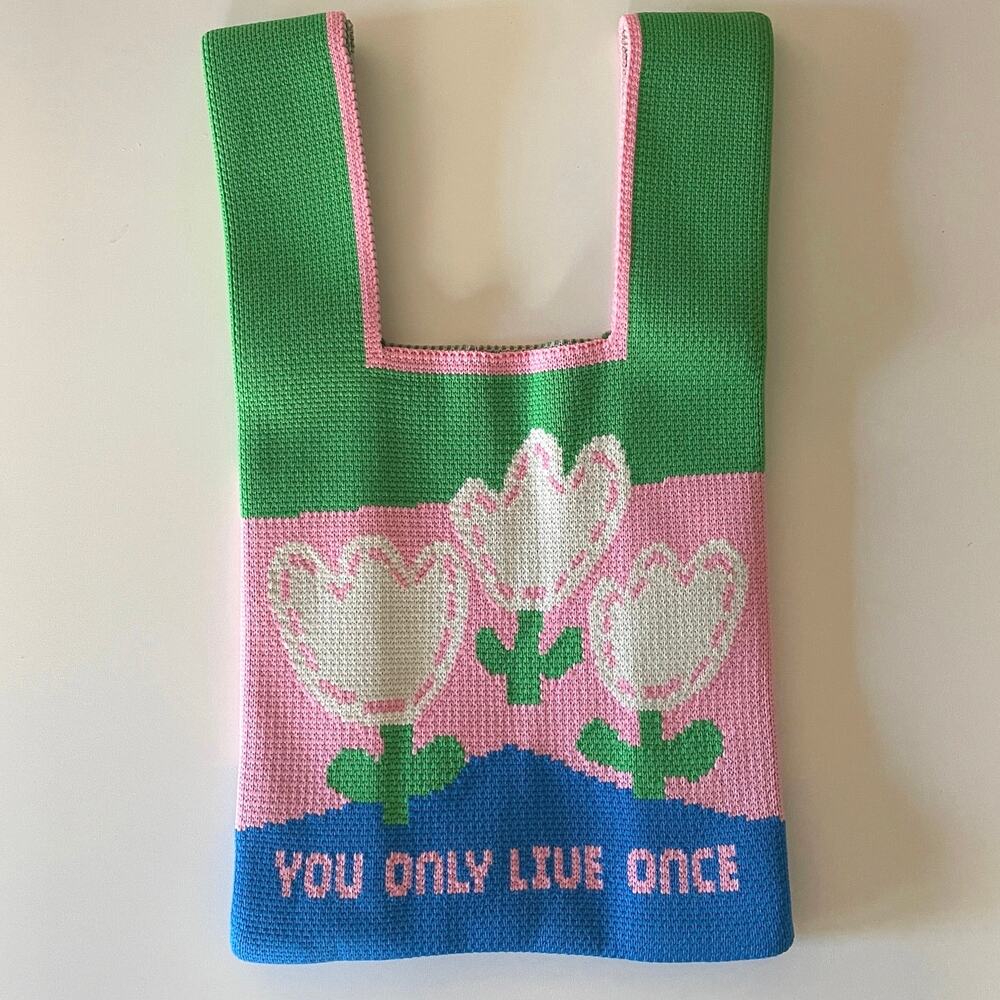 Knit Knot Handbag YOLO Small Tulips You Only Live Once HUIHUO Purse